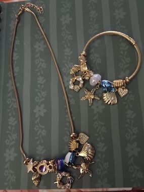 Gold-Tone Charm Necklace and Bracelet Set with Blue and Purple Accents